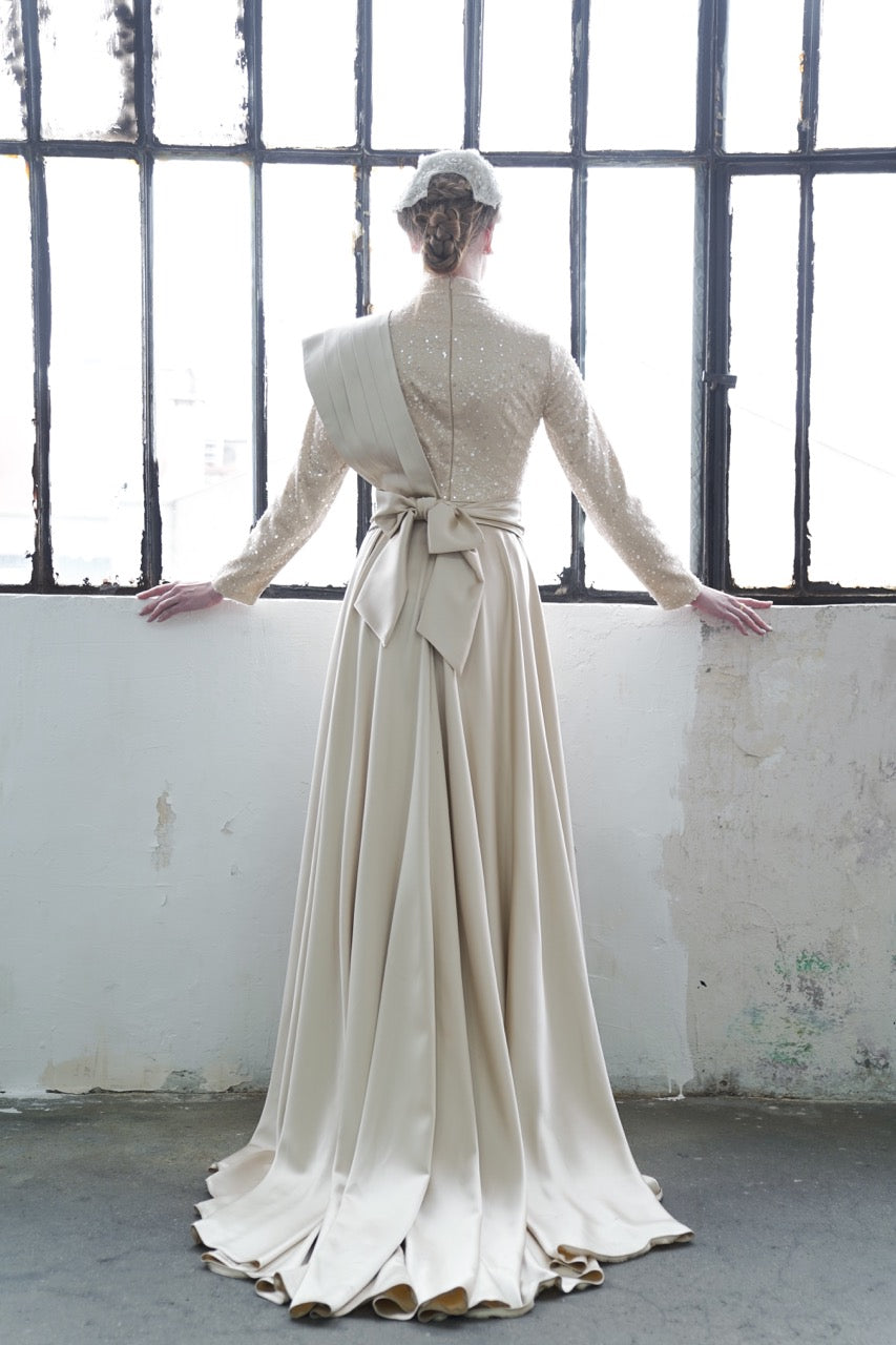 Bej Saten Kuyruklu Abiye Satina Dress 2027