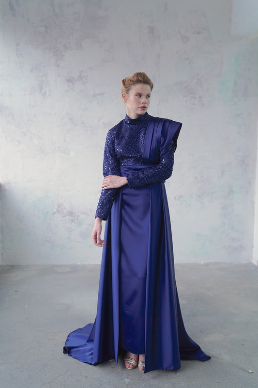 Lacivert Saten Kuyruklu Abiye Satina Dress 2027