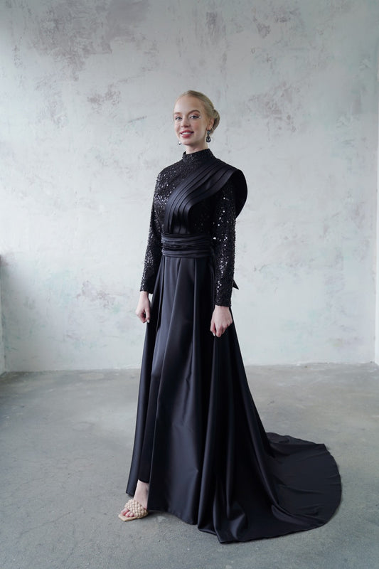 Siyah Saten Kuyruklu Abiye Satina Dress 2027