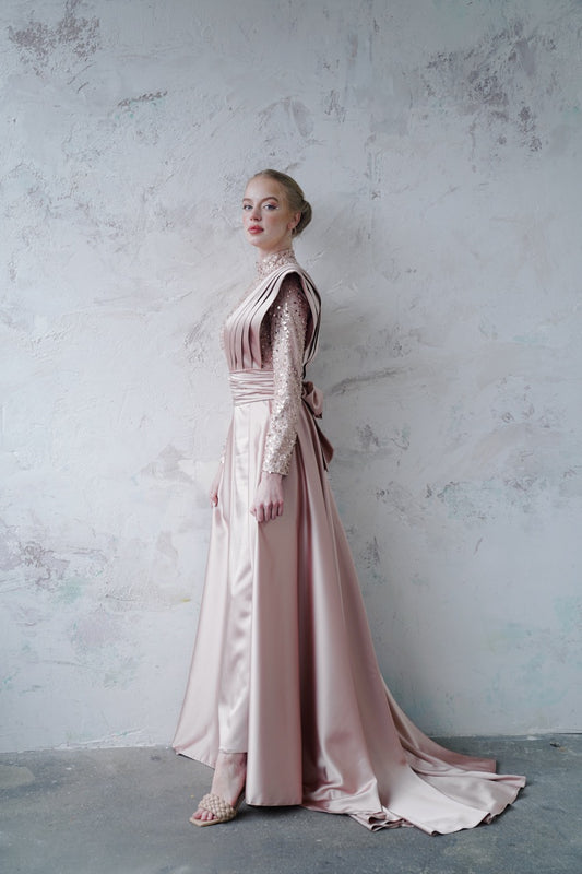 Pudra Saten Kuyruklu Abiye Satina Dress 2027
