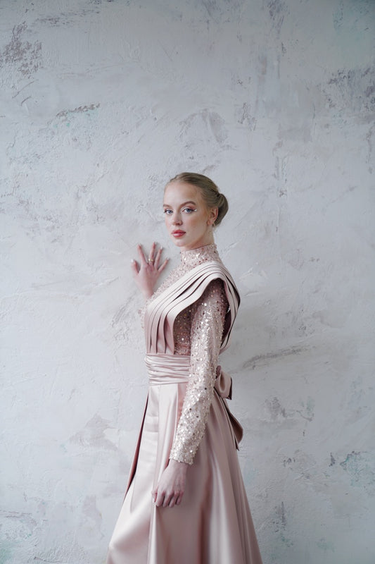 Pudra Saten Kuyruklu Abiye Satina Dress 2027