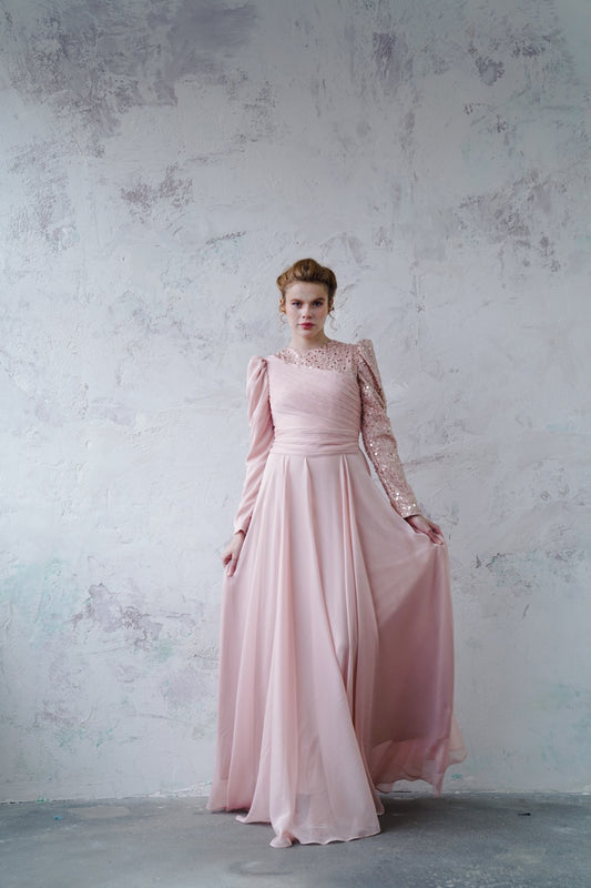 Somon Bocuklu Dantelli Şifon Vera Dress 2028