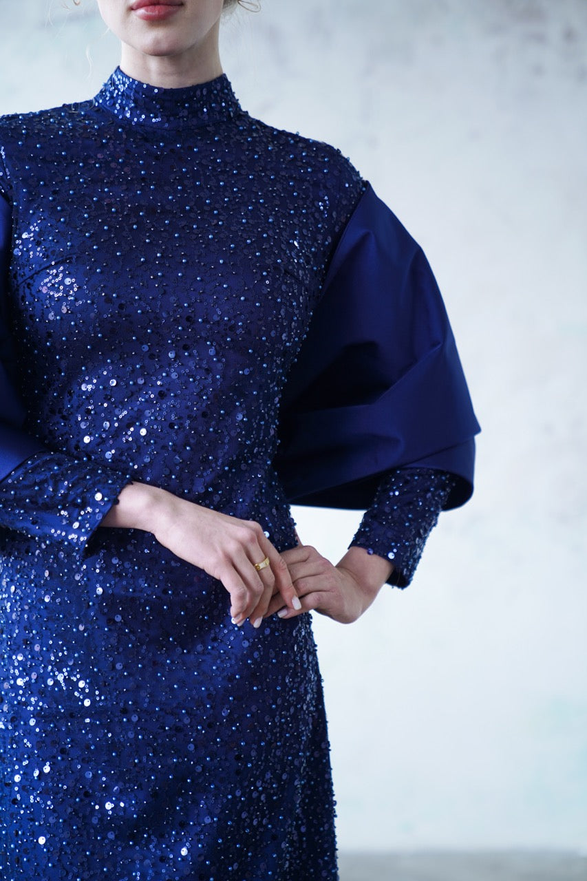 Pudra Bocuklu Dantelli Şallı Kalem Elbise Kristal Dress 2029