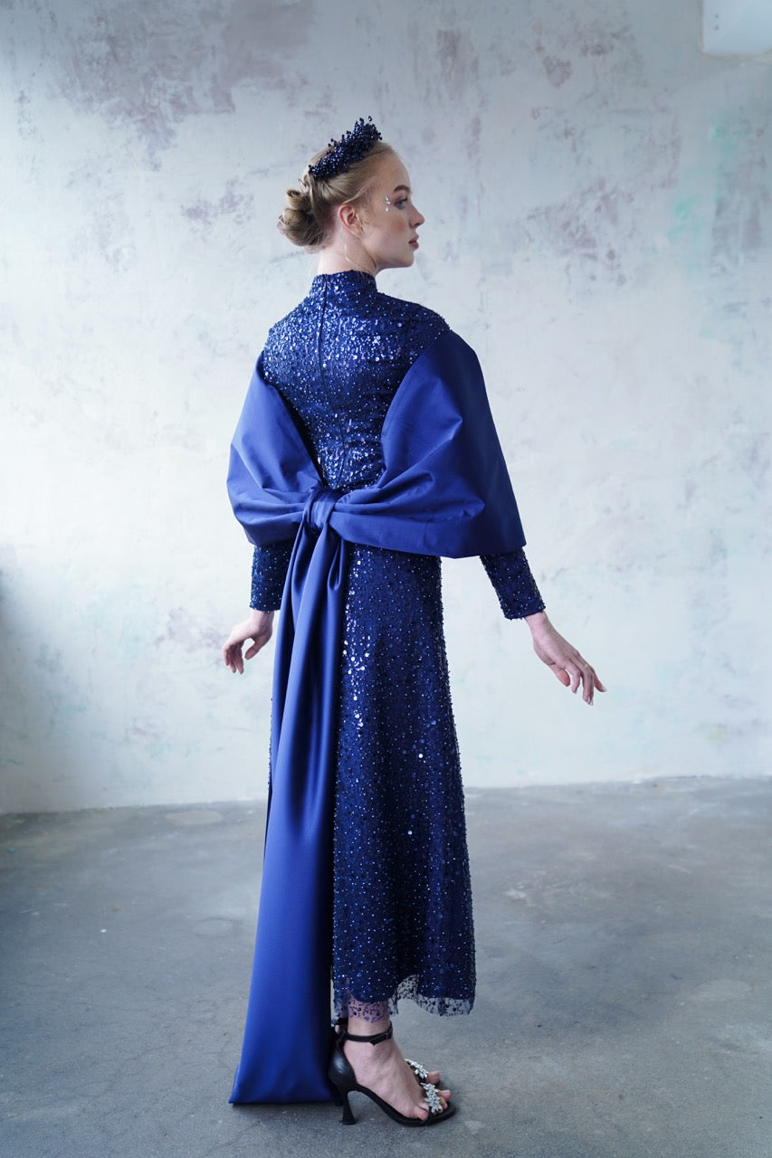 Lacivert Bocuklu Dantelli Şallı Kalem Elbise Kristal Dress 2029