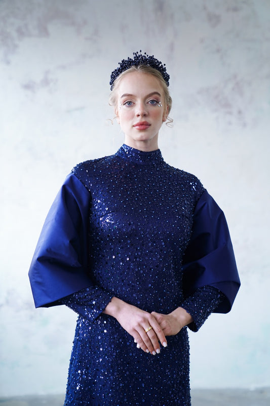 Lacivert Bocuklu Dantelli Şallı Kalem Elbise Kristal Dress 2029