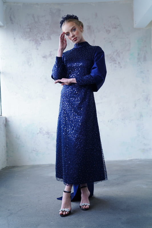 Lacivert Bocuklu Dantelli Şallı Kalem Elbise Kristal Dress 2029