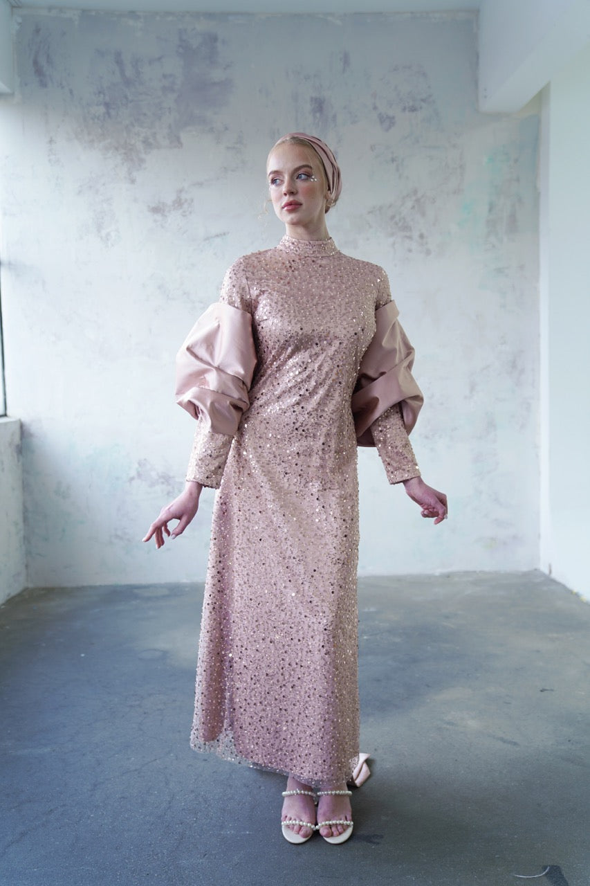 Robe de soirée scintillante couleur cuivre
