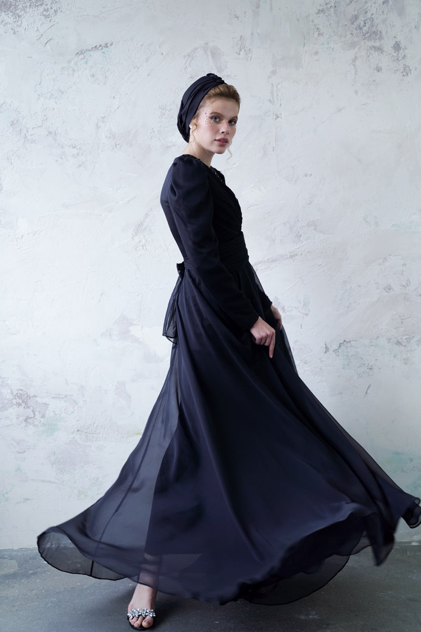 Siyah Bocuklu Dantelli Şifon Vera Dress 2028