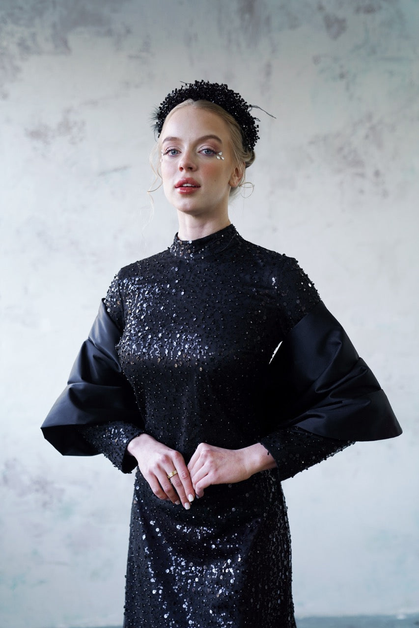 Siyah Bocuklu Dantelli Şallı Kalem Elbise Kristal Dress 2029
